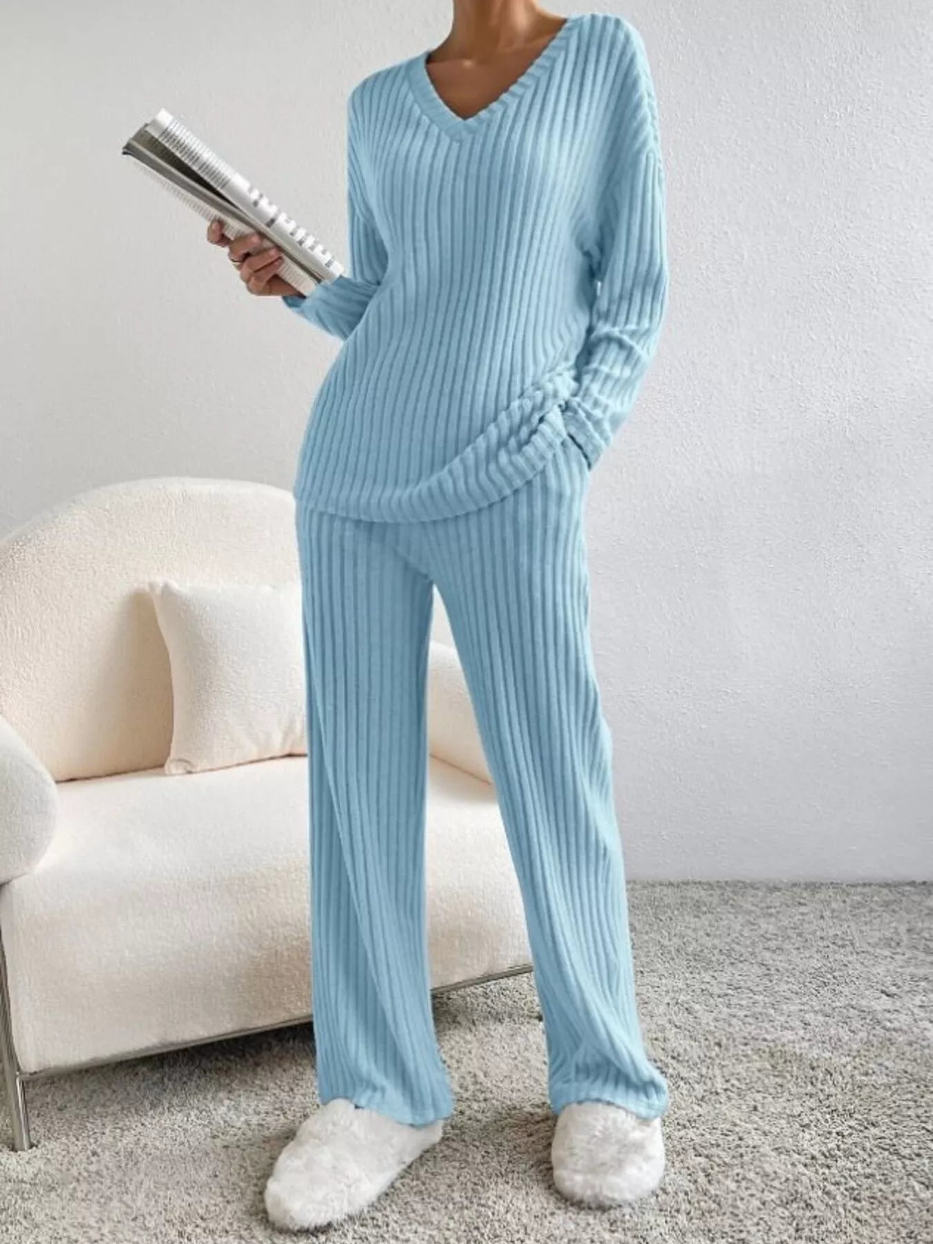 Ribbed Knit V-Neck Top and Pants Set -