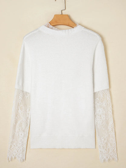 Lace Sleeve Patchwork Faux Fuzzy Sweater -