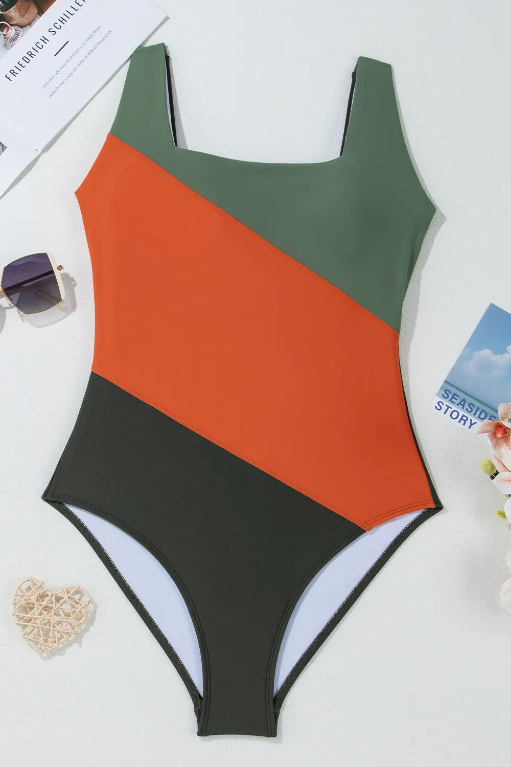 Color Block Padded Square Neck One Piece Swimsuit -