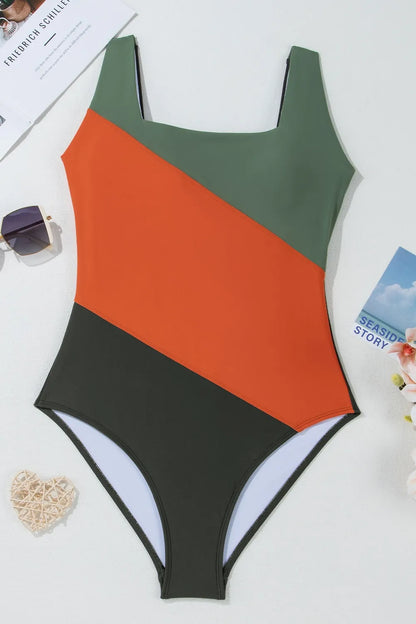 Color Block Padded Square Neck One Piece Swimsuit -