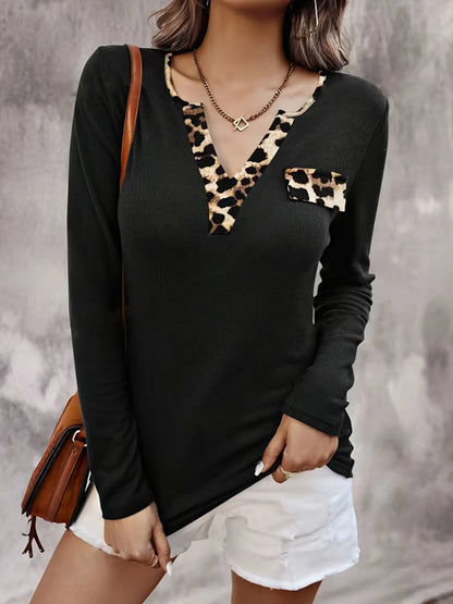 Leopard Trim Long Sleeve T-Shirt -