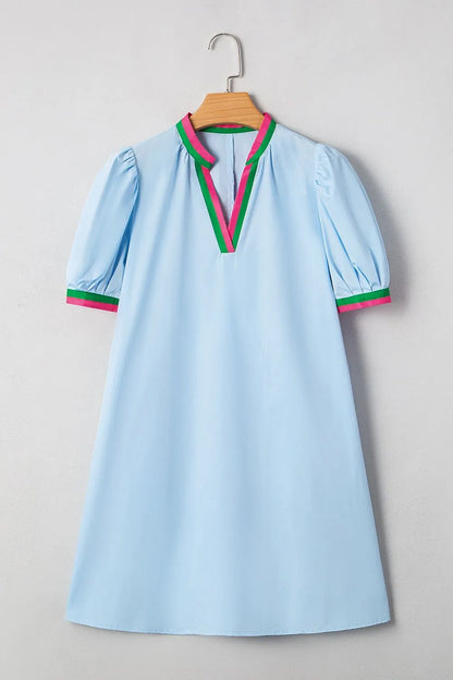 Notched Puff Sleeve Swing Dress -