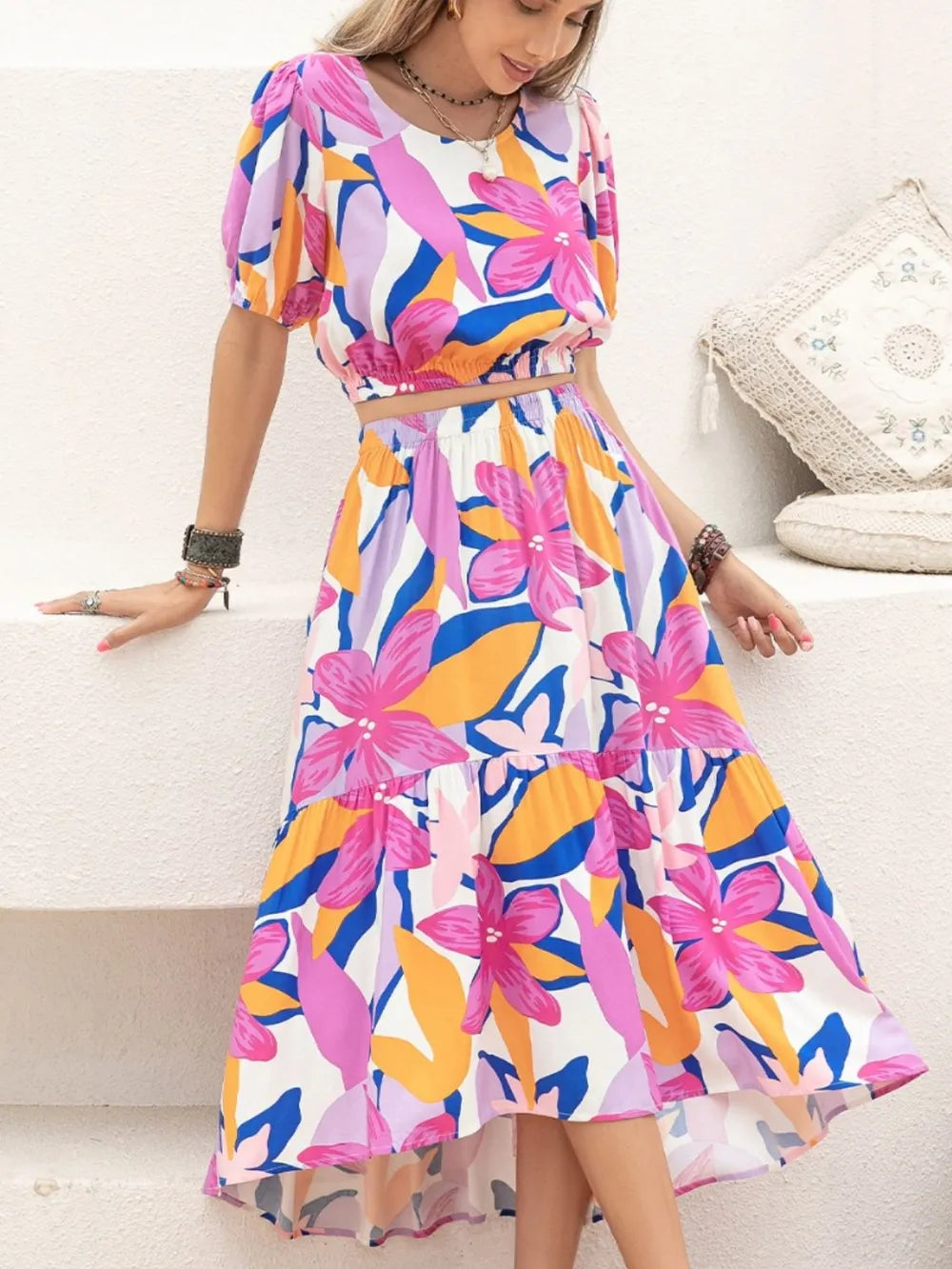 Printed Round Neck Top and Skirt Set -