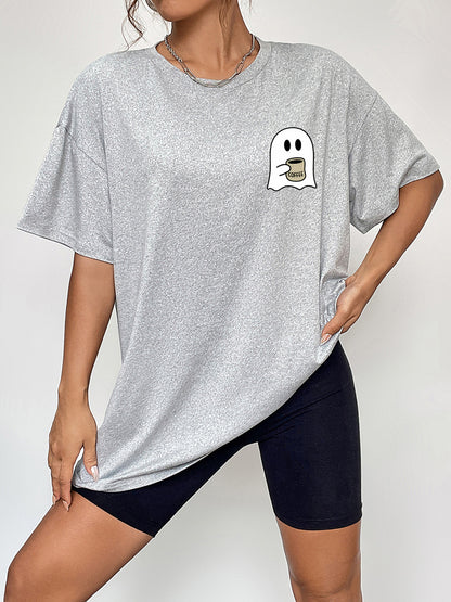 Round Neck Short Sleeve Ghost Graphic T-Shirt - Cloudy Blue