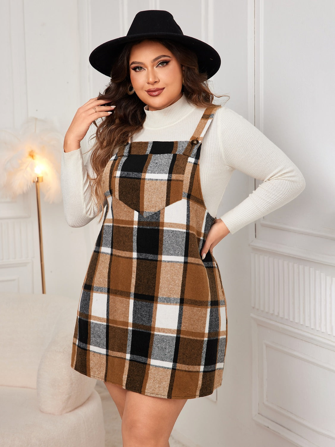 Plus Size Plaid Wide Strap Overall Dress - Caramel