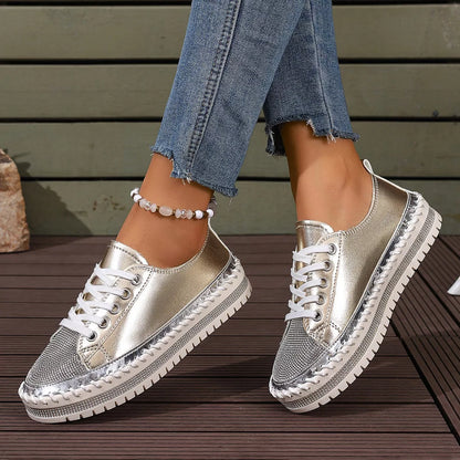 Round Toe Platform Sneakers - Gold