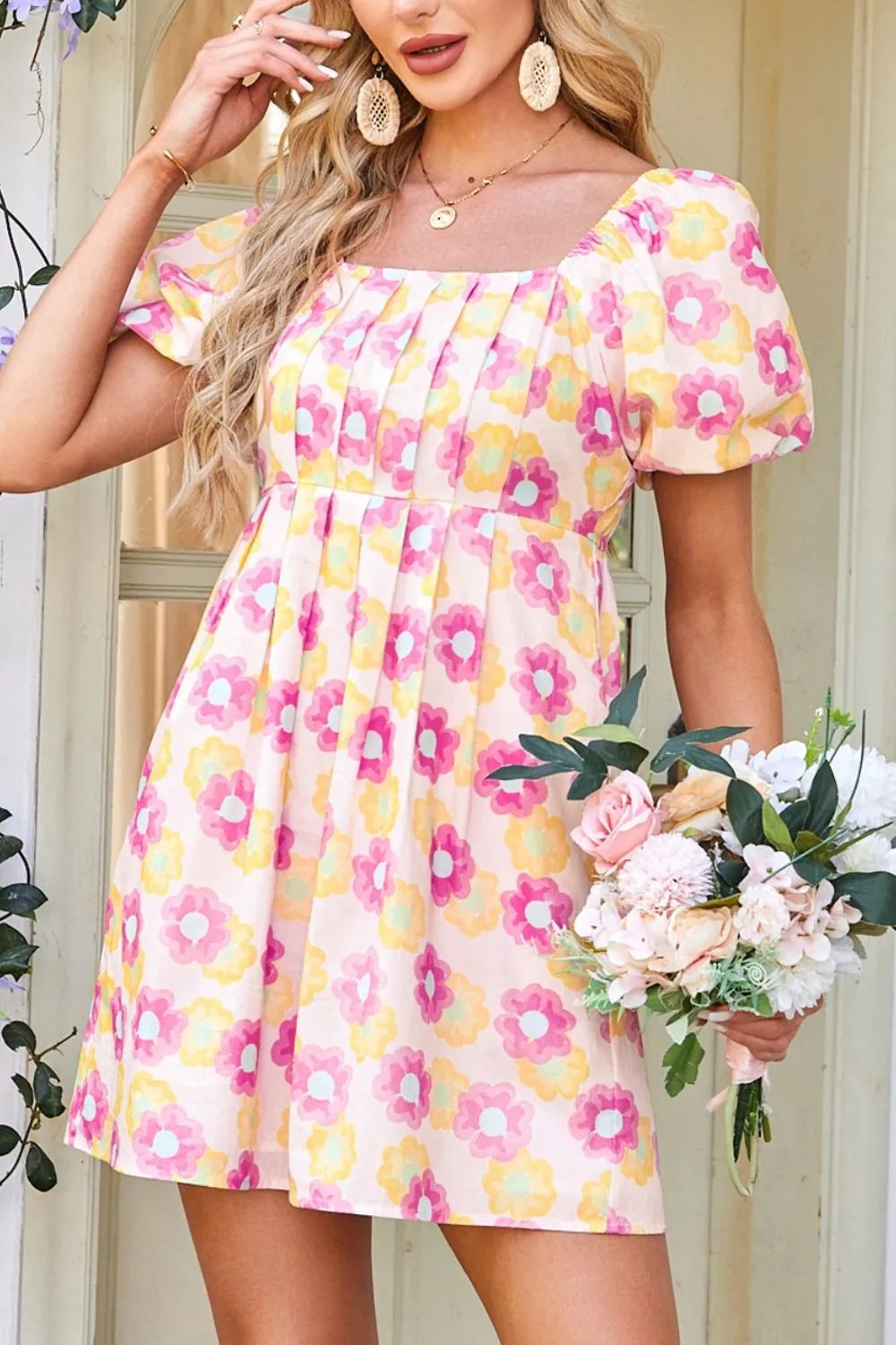 Floral Square Neck Puff Sleeve Flared Dress -