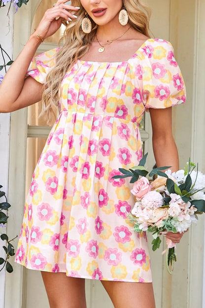 Floral Square Neck Puff Sleeve Flared Dress -