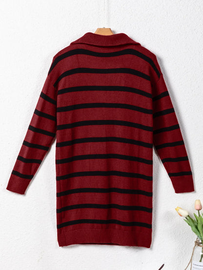 Striped Collared Loose Sweater Mini Dress -
