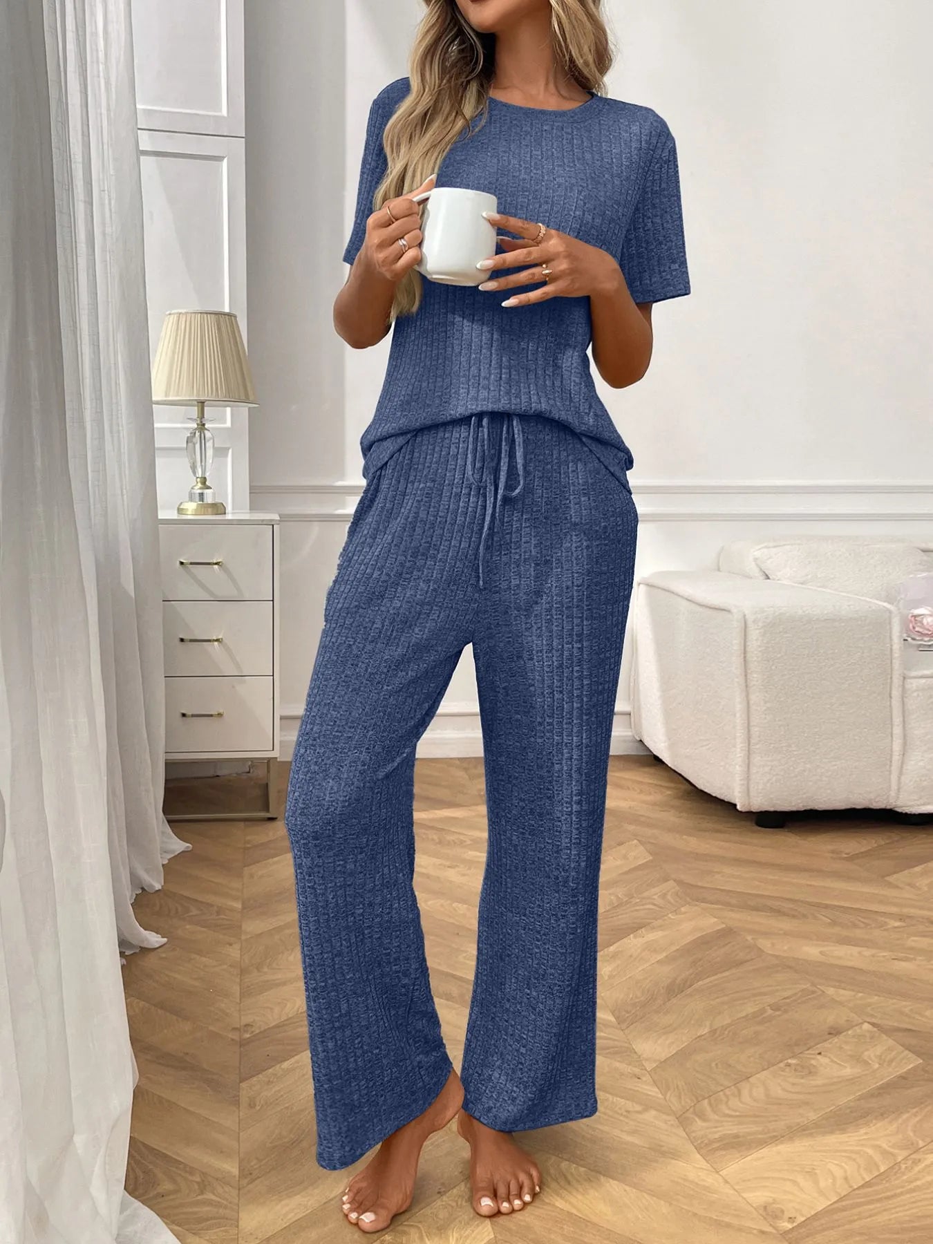 Ribbed Knit Short Sleeve Top and Pants Lounge Set - Blue