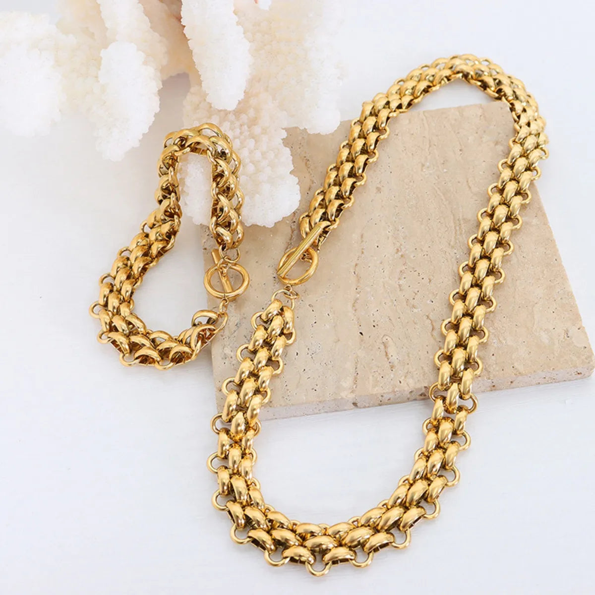 Gold Chain Link Jewelry Set with Necklace and Bracelet -