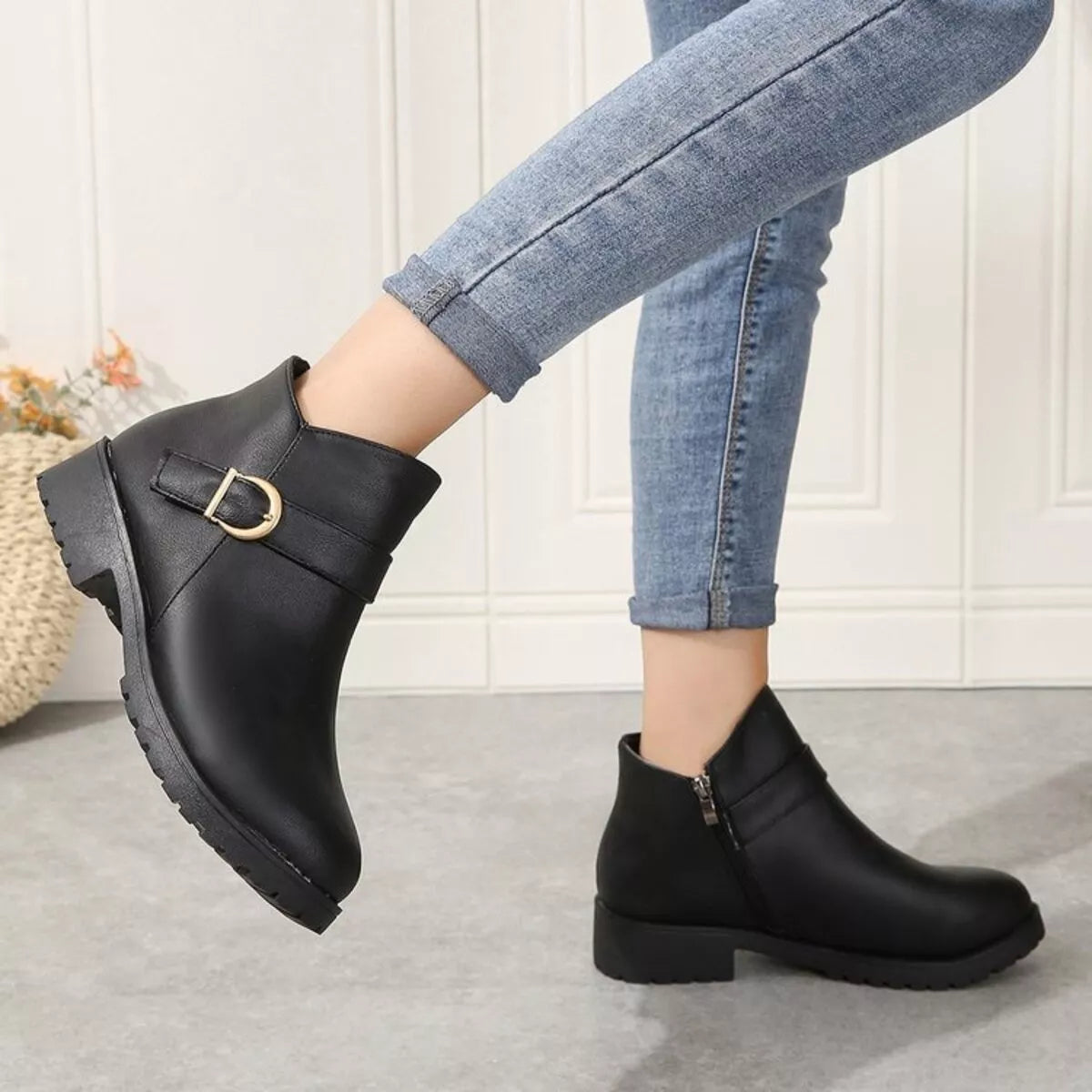 Buckle Accent Ankle Boots - Black