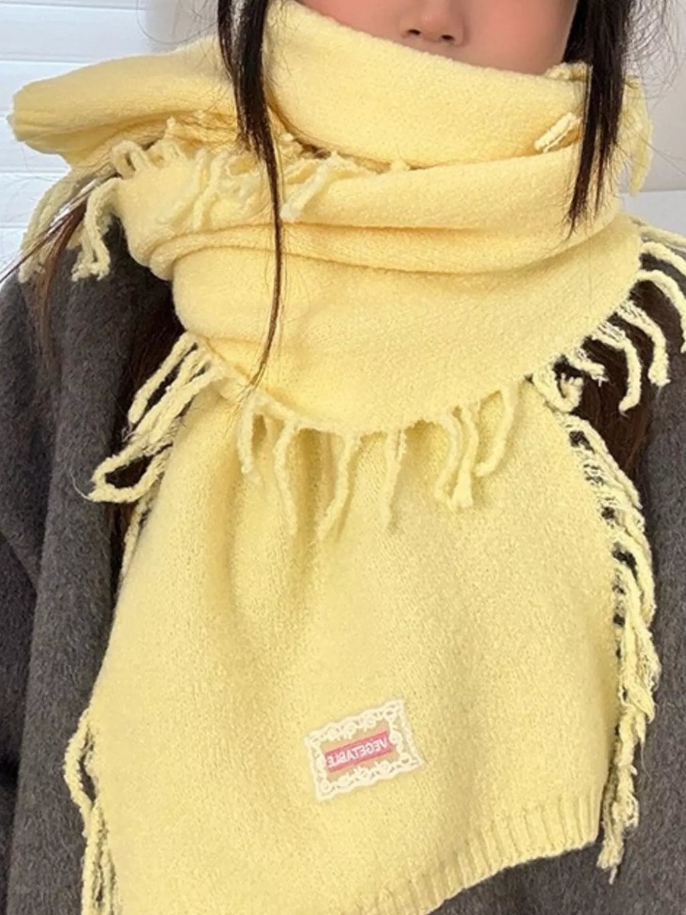 Knitted Fringe Scarf - Yellow One Size