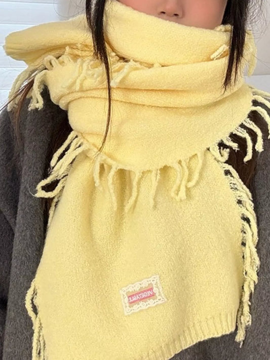 Knitted Fringe Scarf - Yellow One Size