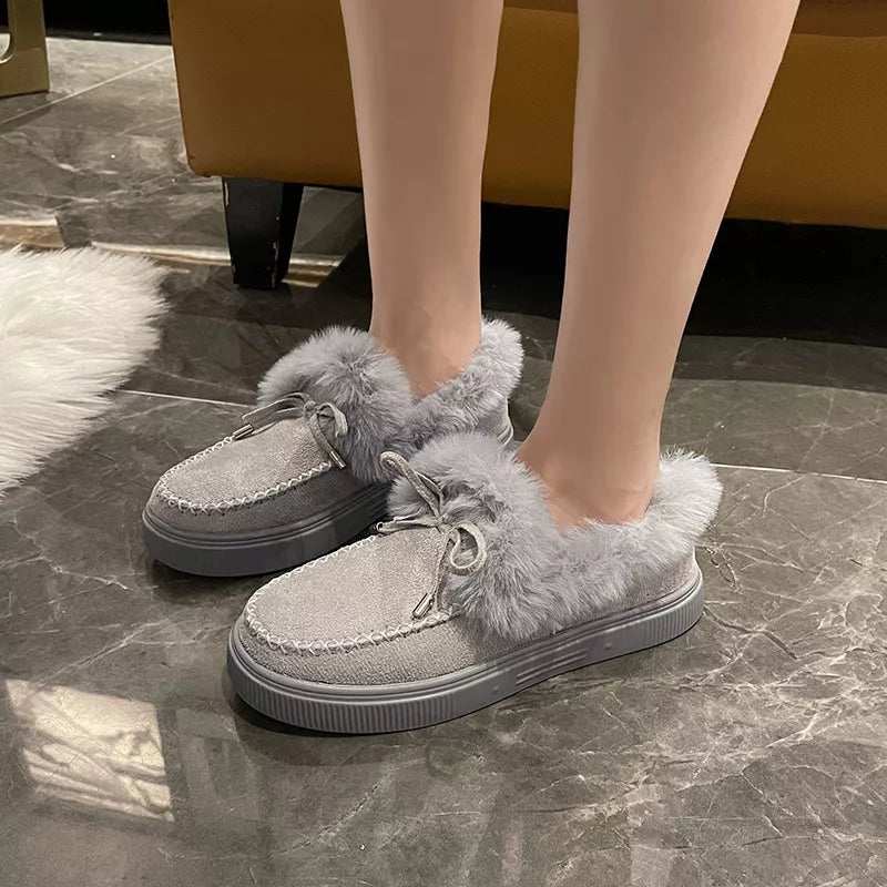 Fuzzy Round Toe Slip-Ons - Dark Gray
