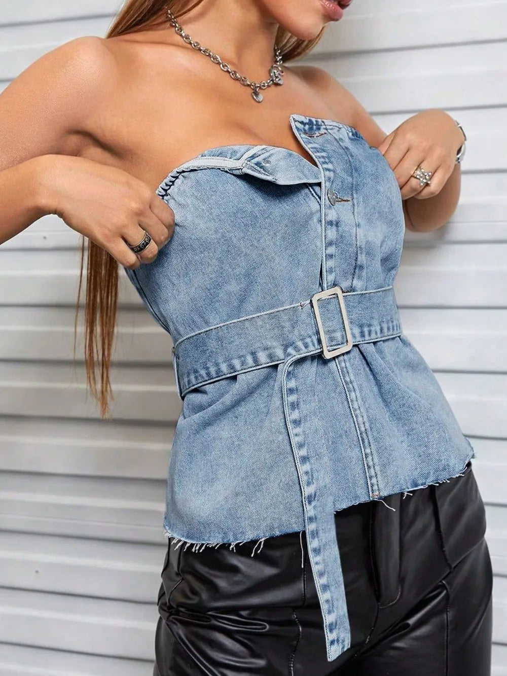 Frayed Hem Button Detail Tube Top - Light