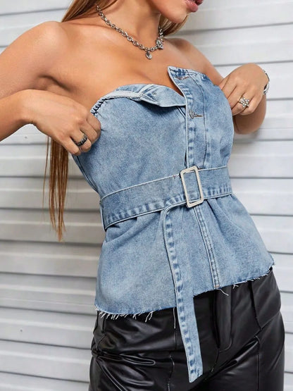 Frayed Hem Button Detail Tube Top - Light