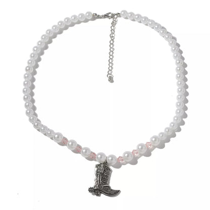 Pearl Beaded Cowboy Boot Necklace -
