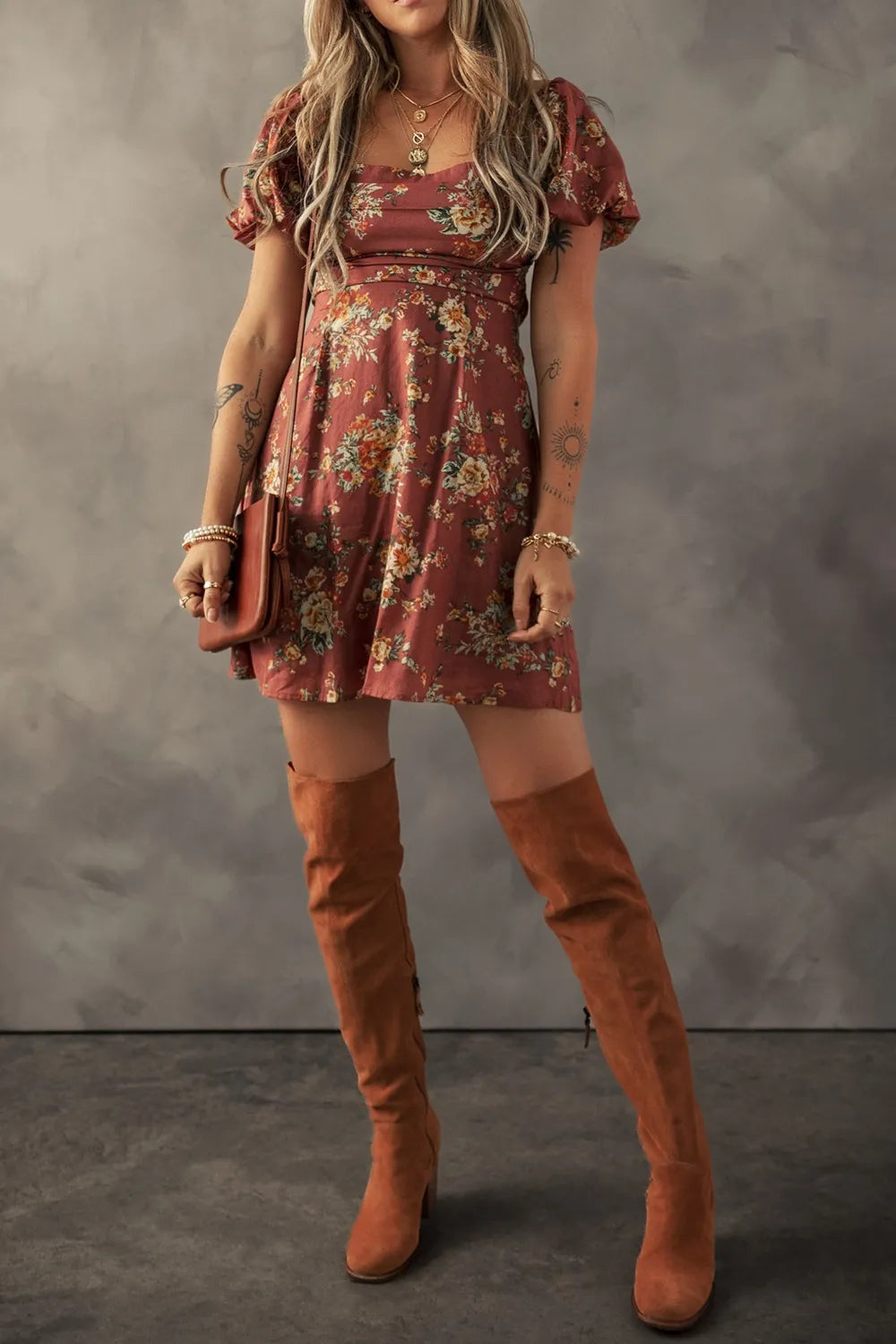 Floral Puff Sleeve Knot Open Back Mini Dress -