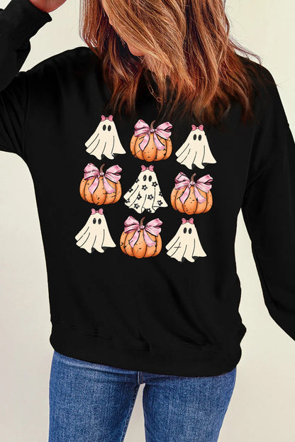 Pumpkin and Ghost Round Neck Long Sleeve Sweatshirt - Black