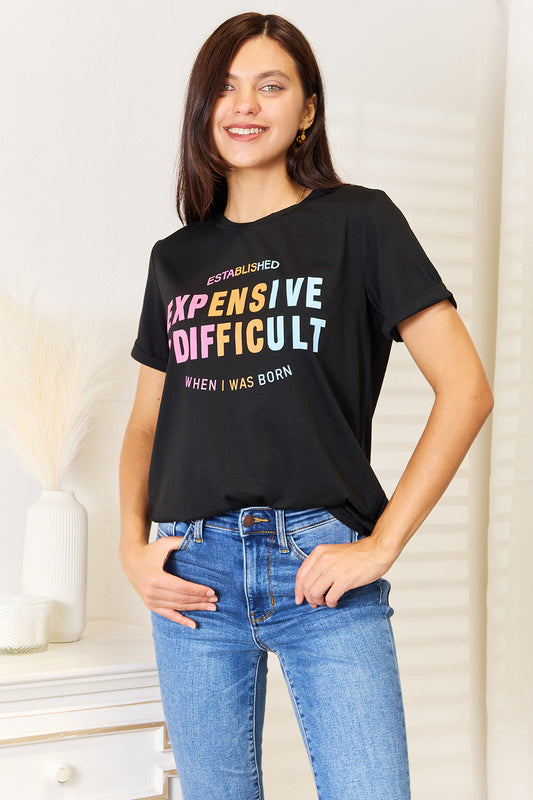 Slogan Graphic Cuffed Sleeve T-Shirt - Black
