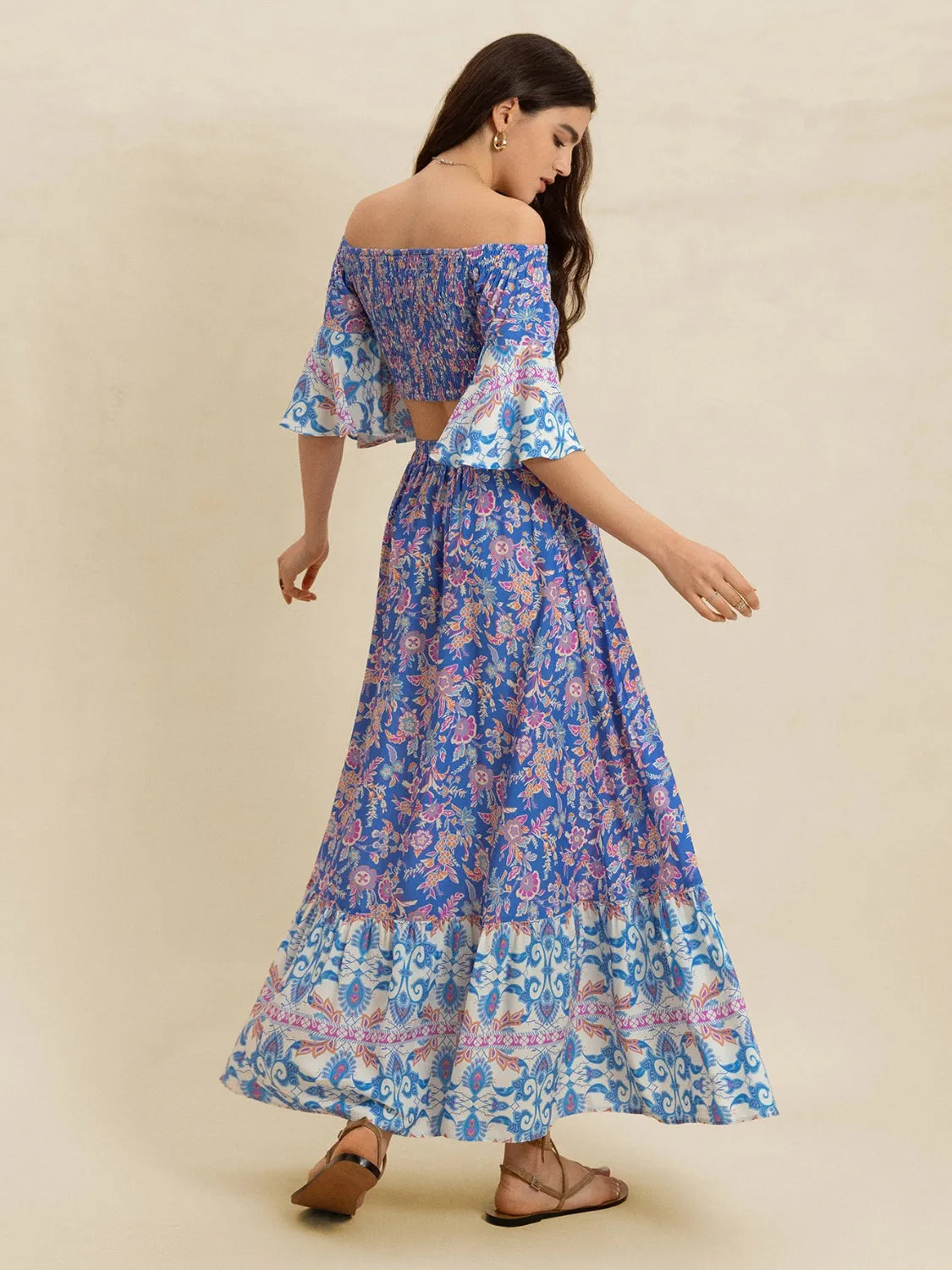 Smocked Off-Shoulder Printed Top and Skirt Set - Blue Purple