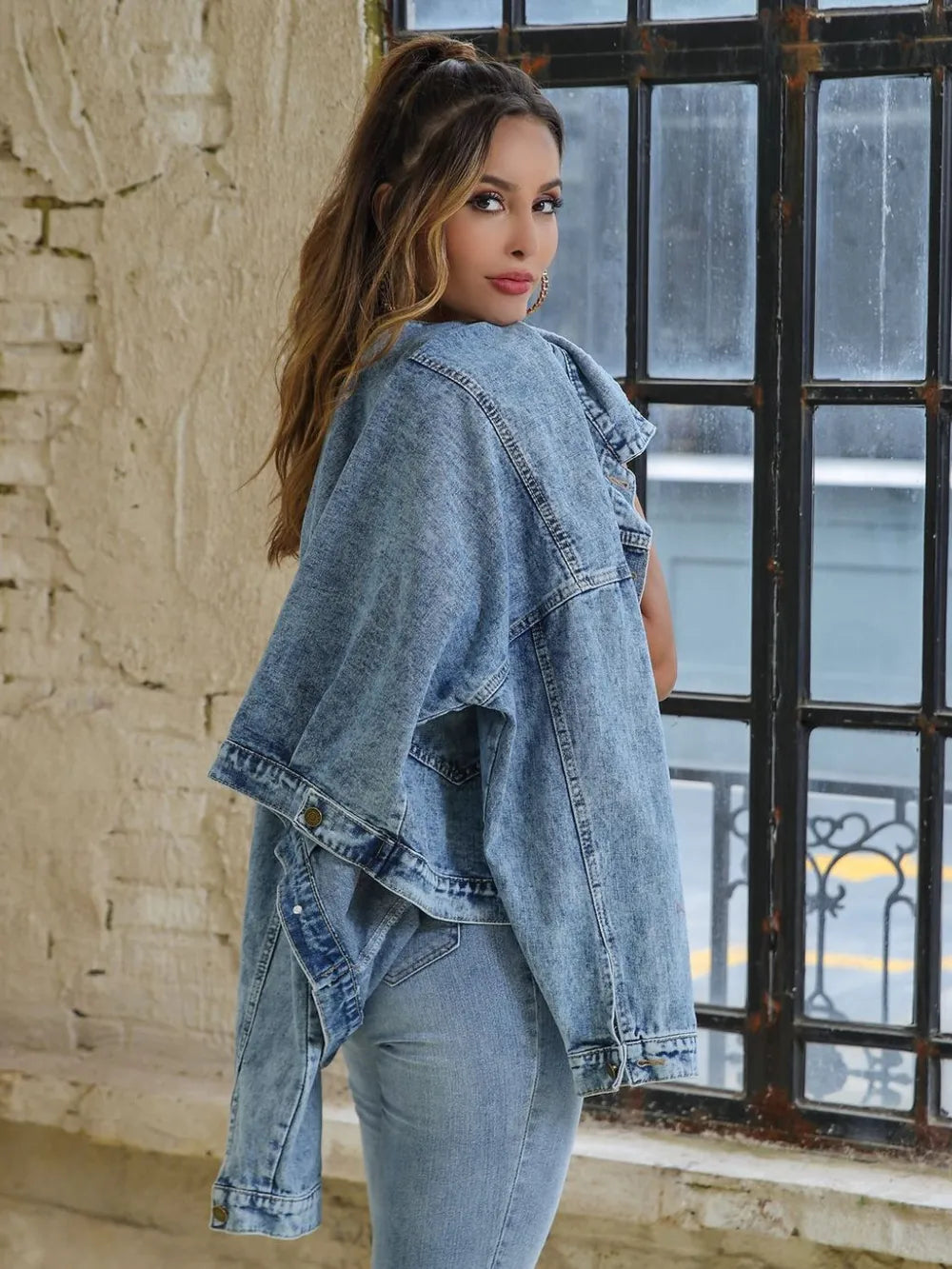 Button Down Drop Shoulder Denim Jacket -