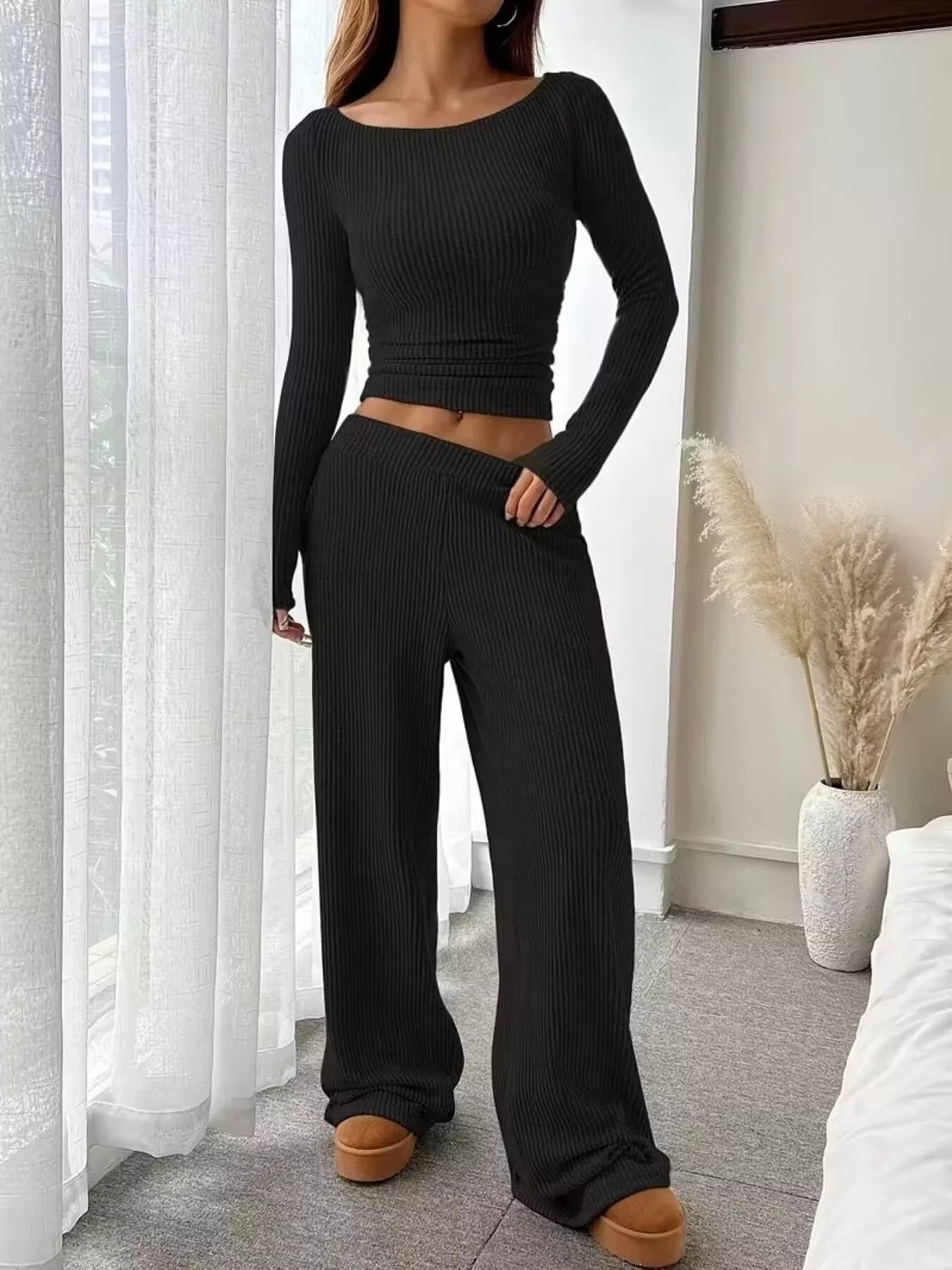 Ribbed Knit Boat Neck Top and Pants Set -