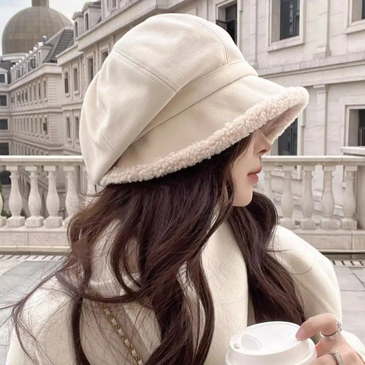 Plush Trim Baker Boy Hat - Off-white One Size