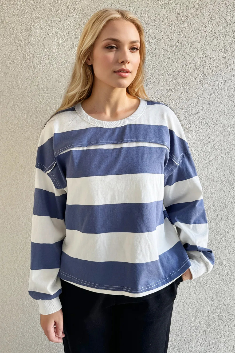 Exposed Seam Contrast Striped Round Neck T-Shirt -