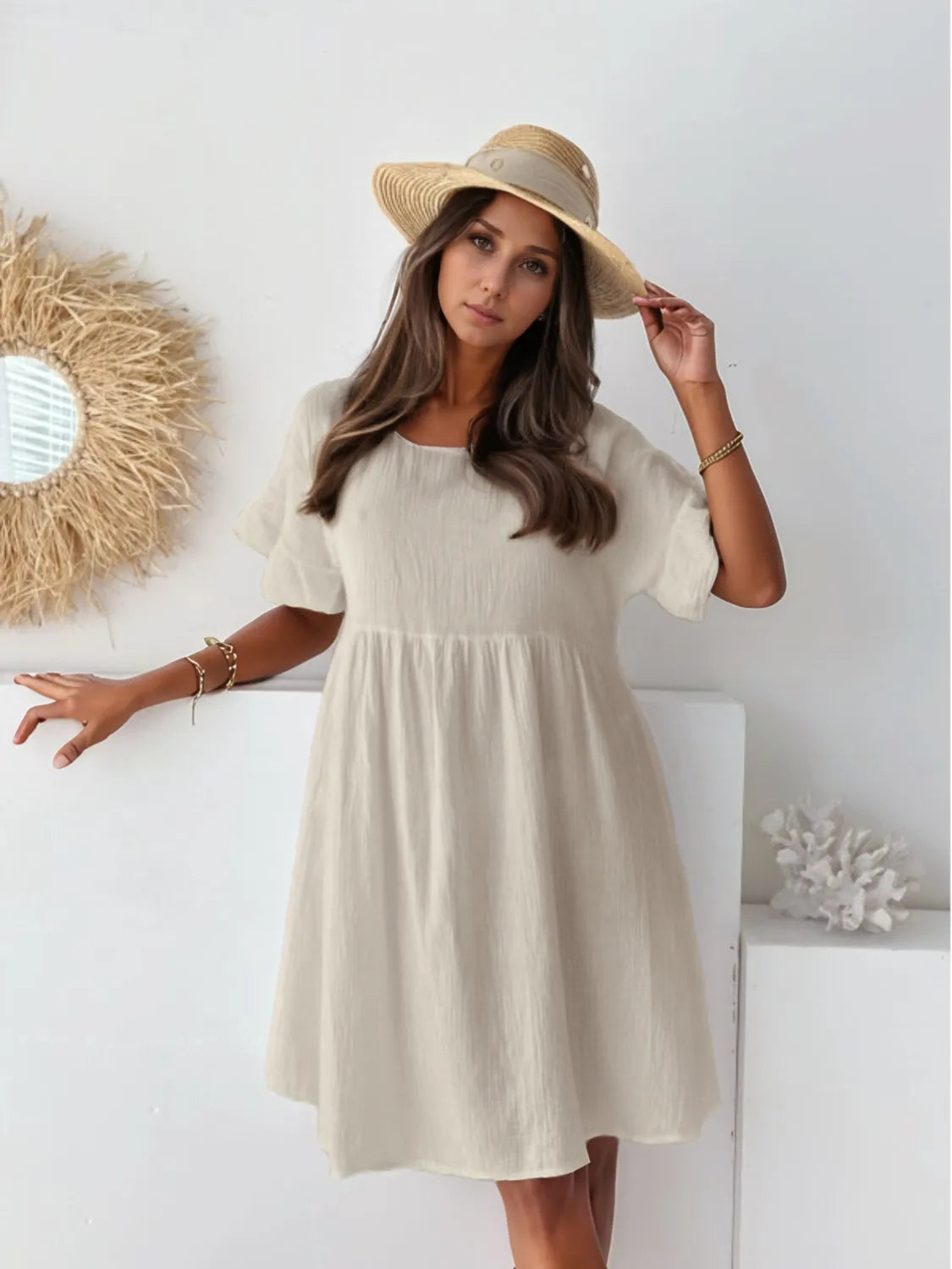 Round Neck Short Sleeve Mini Dress - Tan