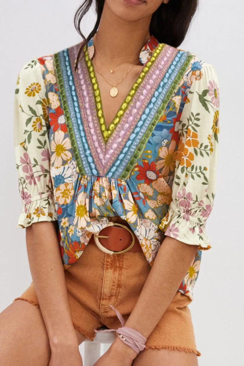 Crochet V-Neck Boho Floral Blouse -