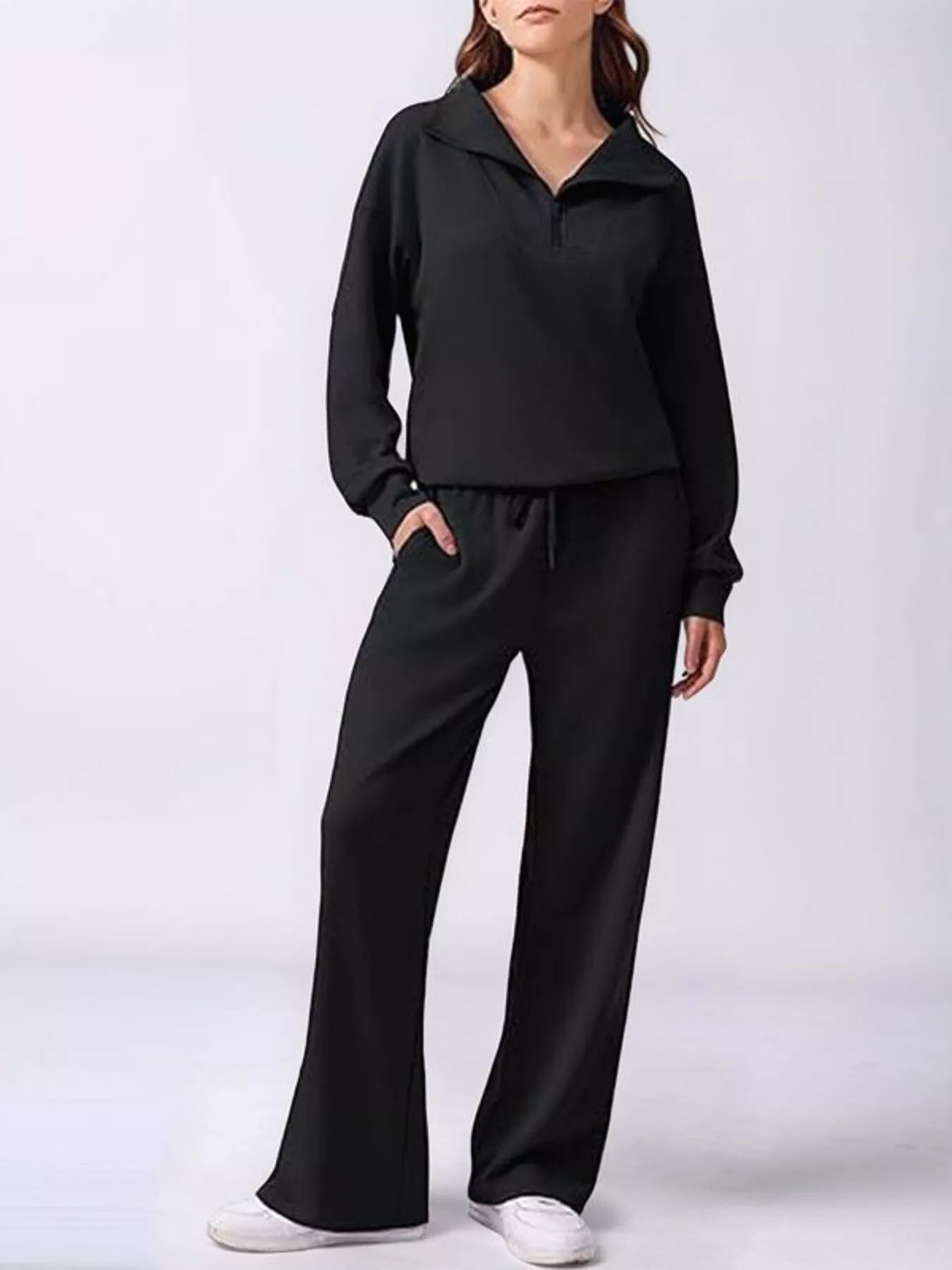 Relaxed Fit Quarter-Zip Top and Pants Set - Black