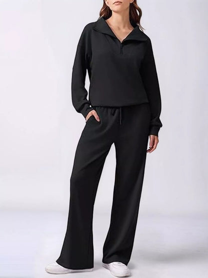 Relaxed Fit Quarter-Zip Top and Pants Set - Black