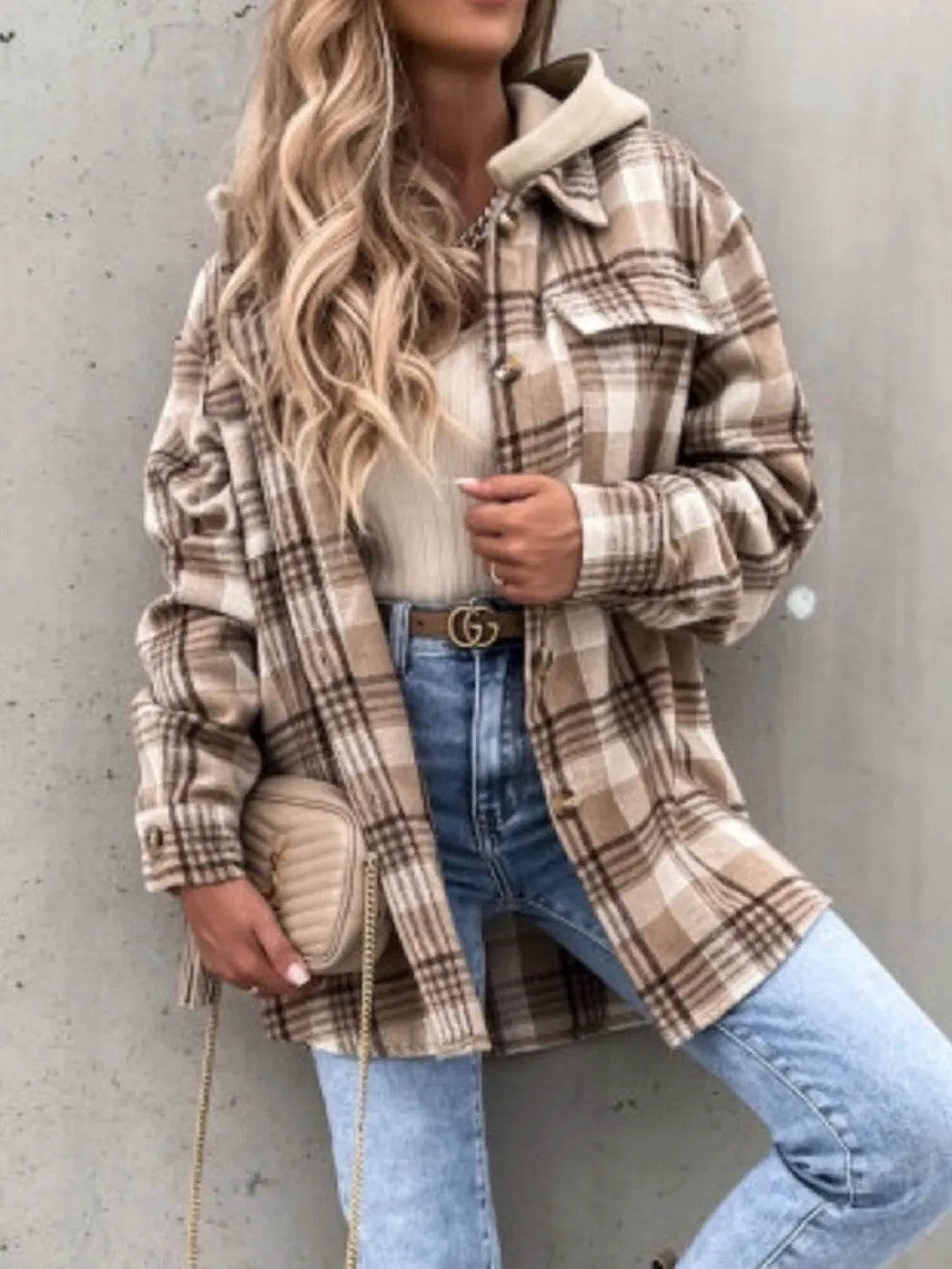 Plaid Button Up Jacket - Camel