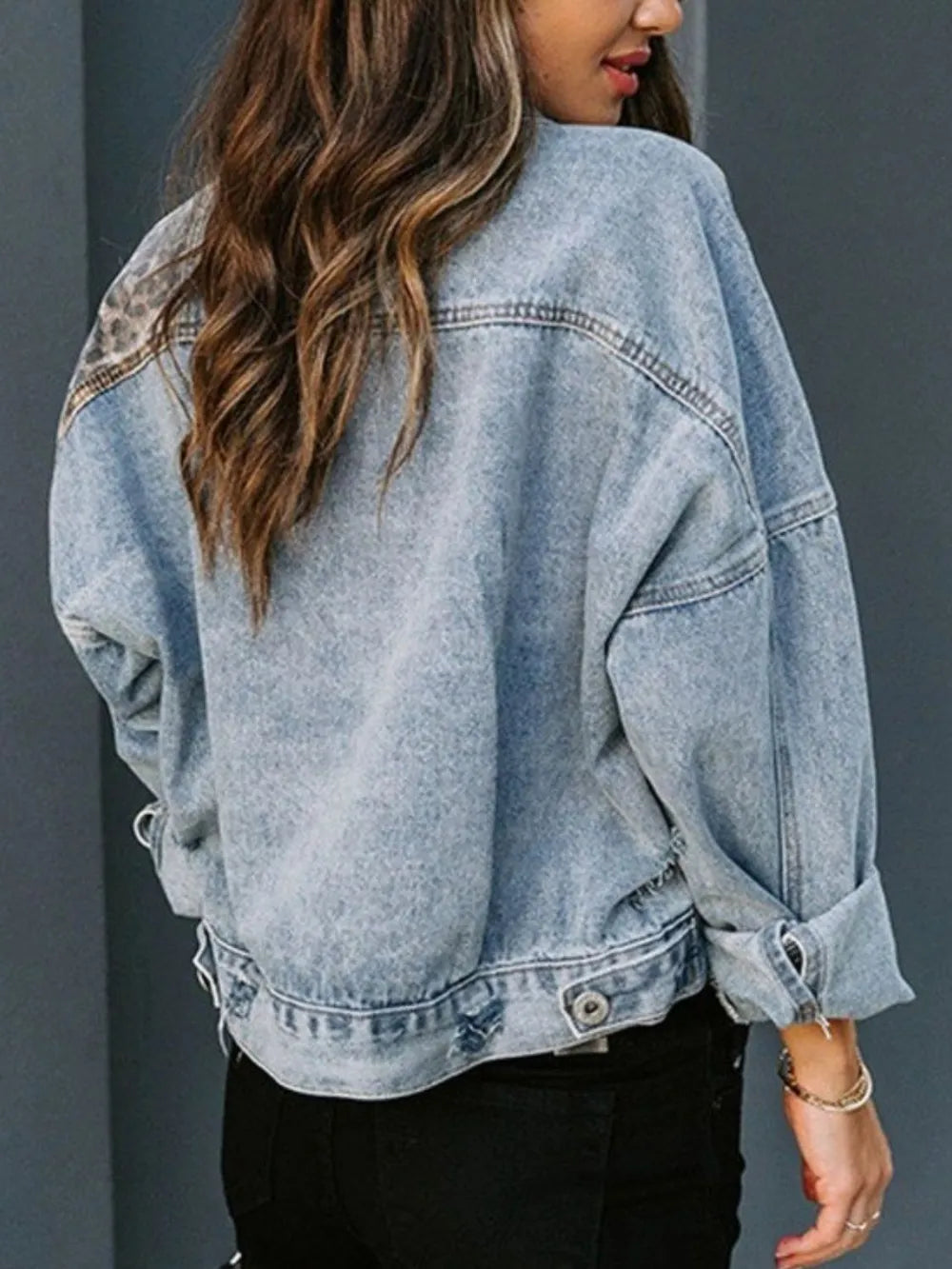 Distressed Leopard Drop Shoulder Denim Jacket -