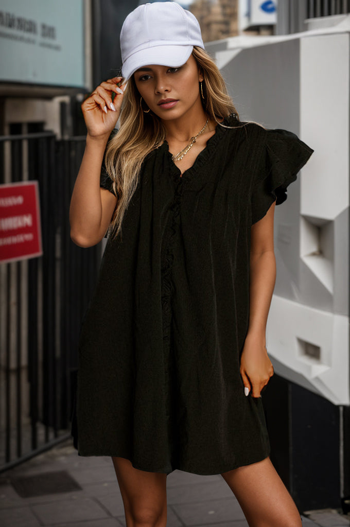 Ruffled Cap Sleeve Pocketed Mini Dress - Black