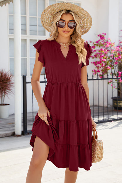 Ruched Notched Cap Sleeve Dress | AdoreStarr