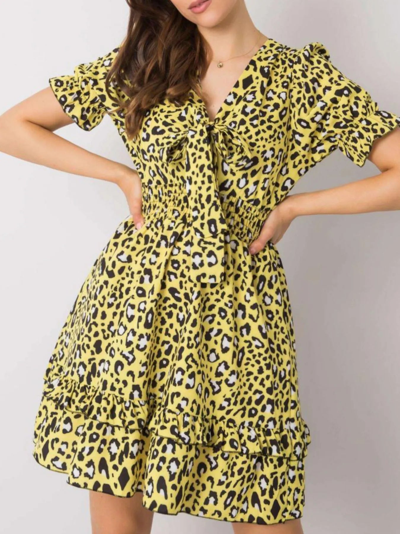 Leopard Print Tie Front Short Sleeve Mini Dress - Neon Yellow