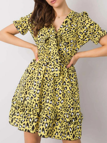 Leopard Print Tie Front Short Sleeve Mini Dress - Neon Yellow