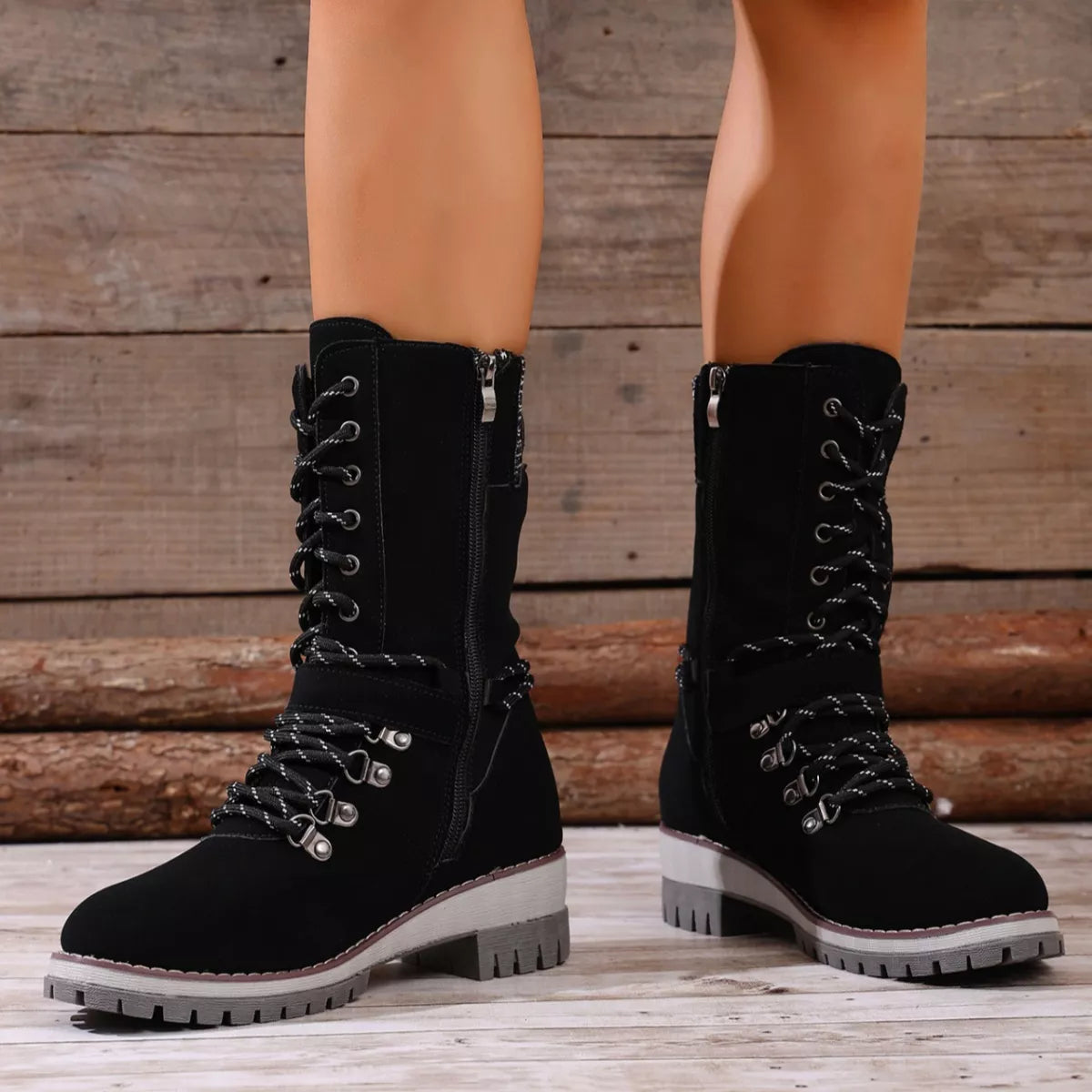 Lace-Up Ankle Combat Boots - Black