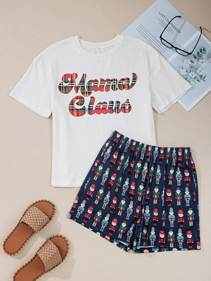 Mama Claus Plaid Letter Tee and Nutcracker Shorts Lounge Set -