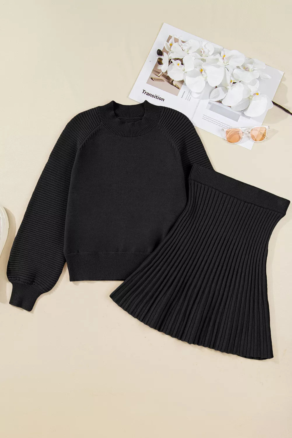 Round Neck Top and Skirt Sweater Set -