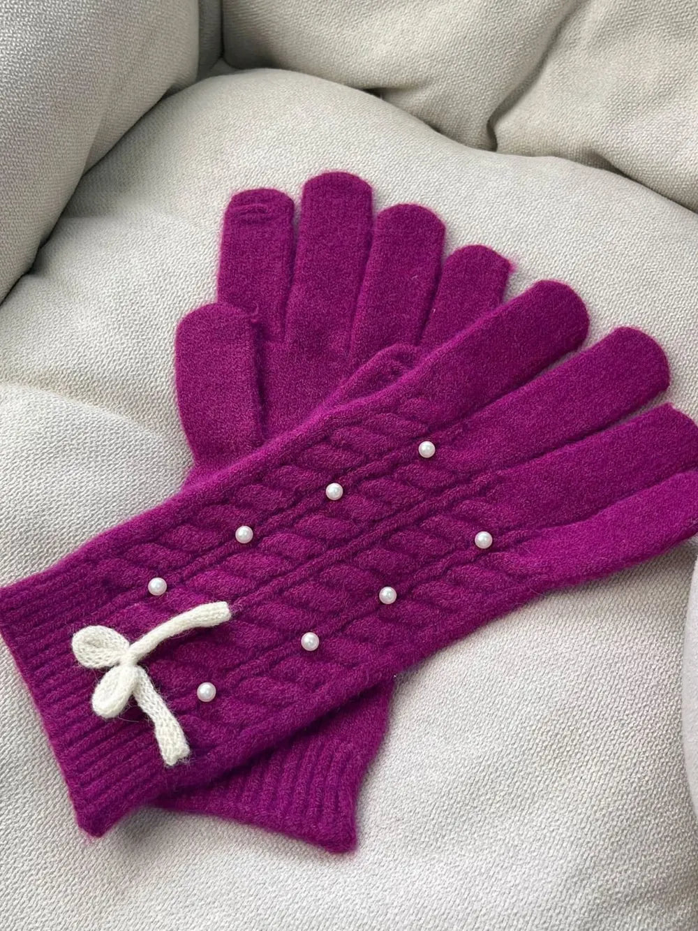 Thermal Pearl Detail Bow Five-Finger Gloves - Deep Purple One Size