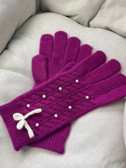 Thermal Pearl Detail Bow Five-Finger Gloves - Deep Purple One Size