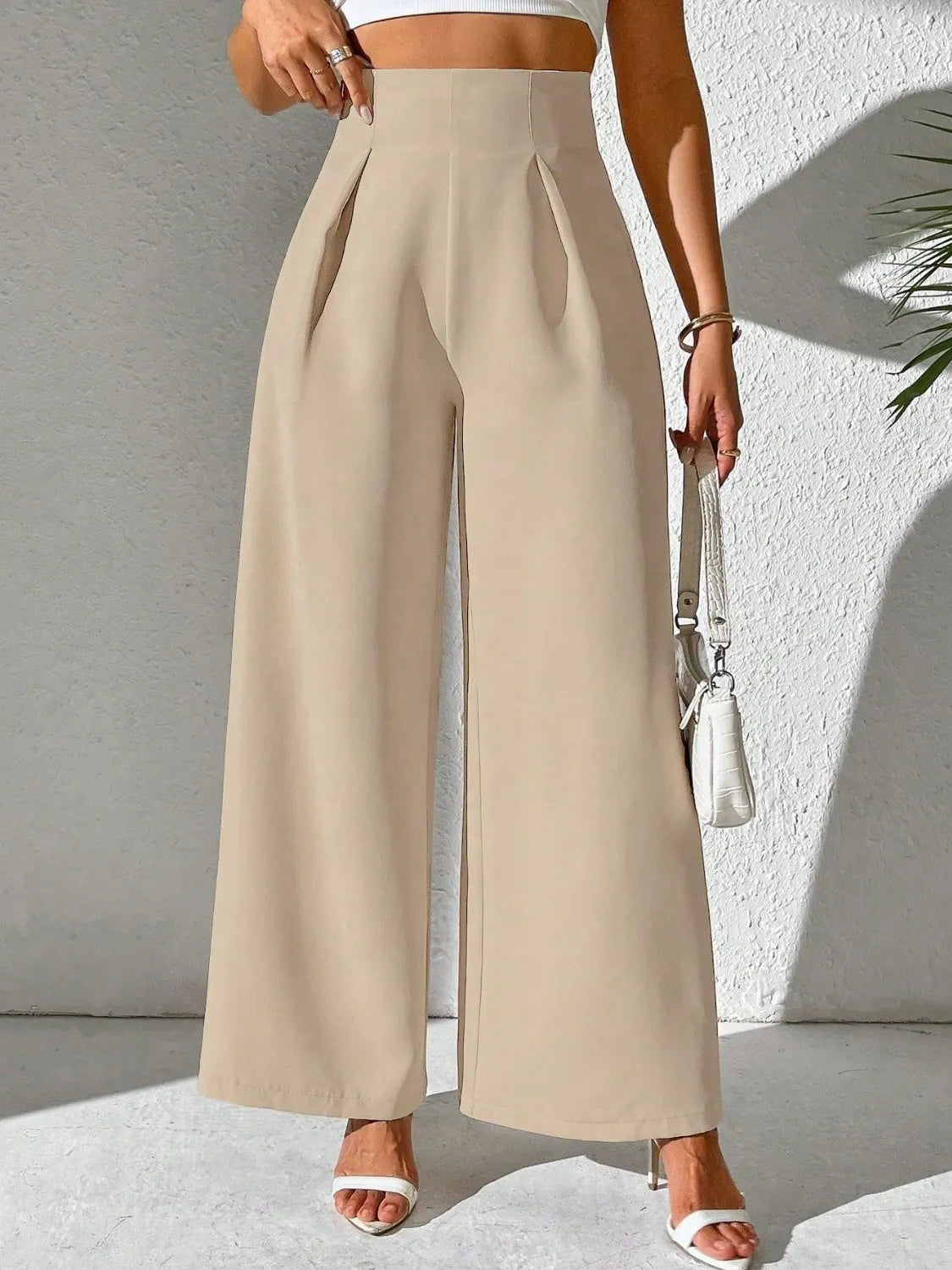Wide Leg High Waist Pants - Dust Storm