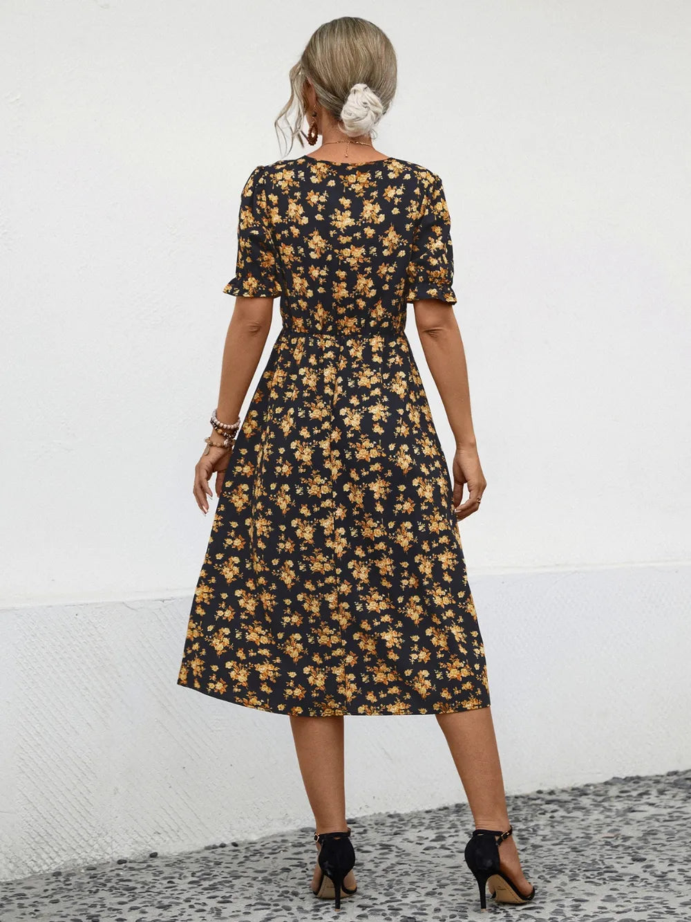 Slit Printed V-Neck Short Sleeve Dress -