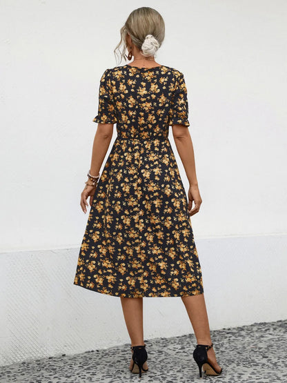 Slit Printed V-Neck Short Sleeve Dress -