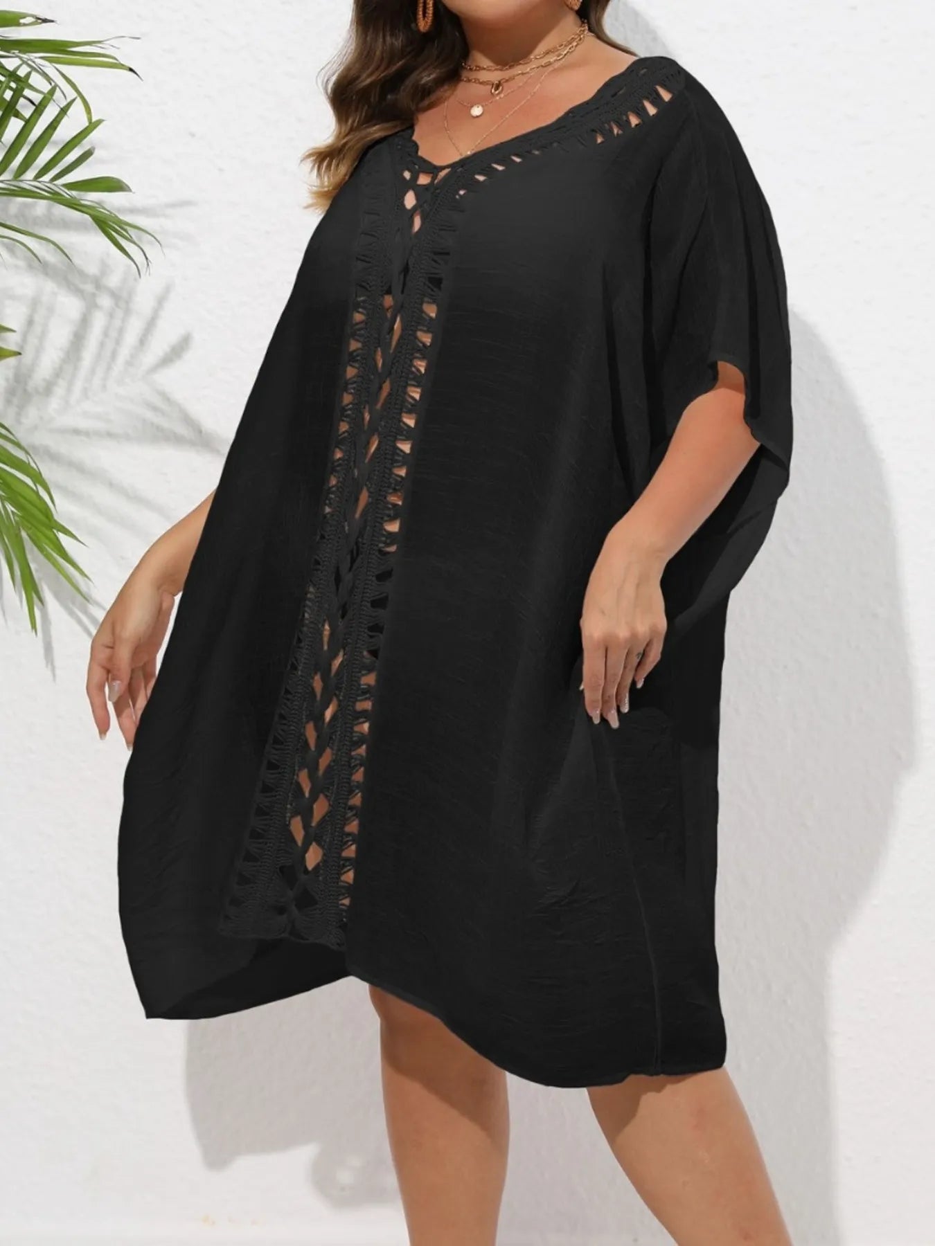 Crochet Trim V-Neck Beach Cover-Up Dress - Black One Size
