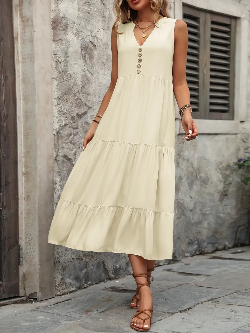 Decorative Button Notched Sleeveless Dress -